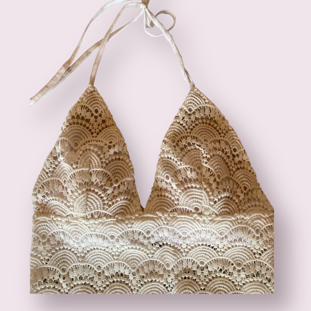 Rehab Lace Halter Top Embroidered has Spaghetti Straps Cream Color